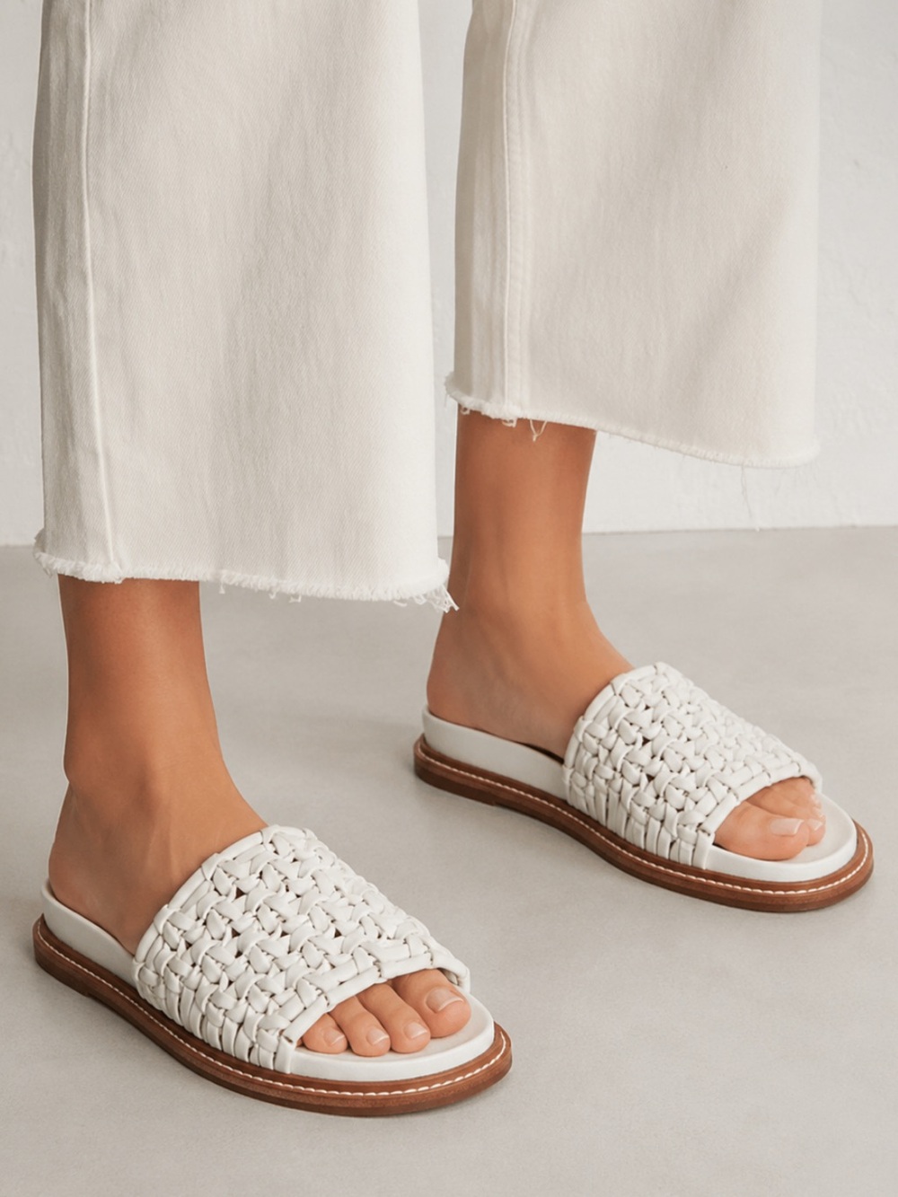 Leather Woven Robie Woven Slide Sandals with Braided Upper in Off White